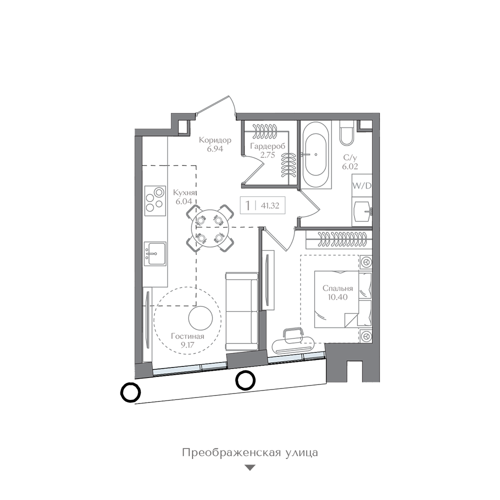 Планировка 1-комн. 41.32 м²