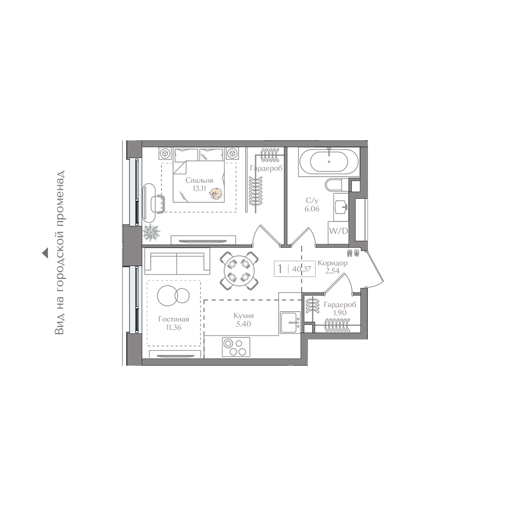 Планировка 1-комн. 40.37 м²