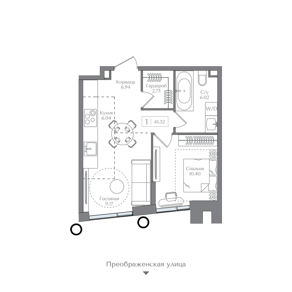 Планировка 1-комн. 41.32 м²