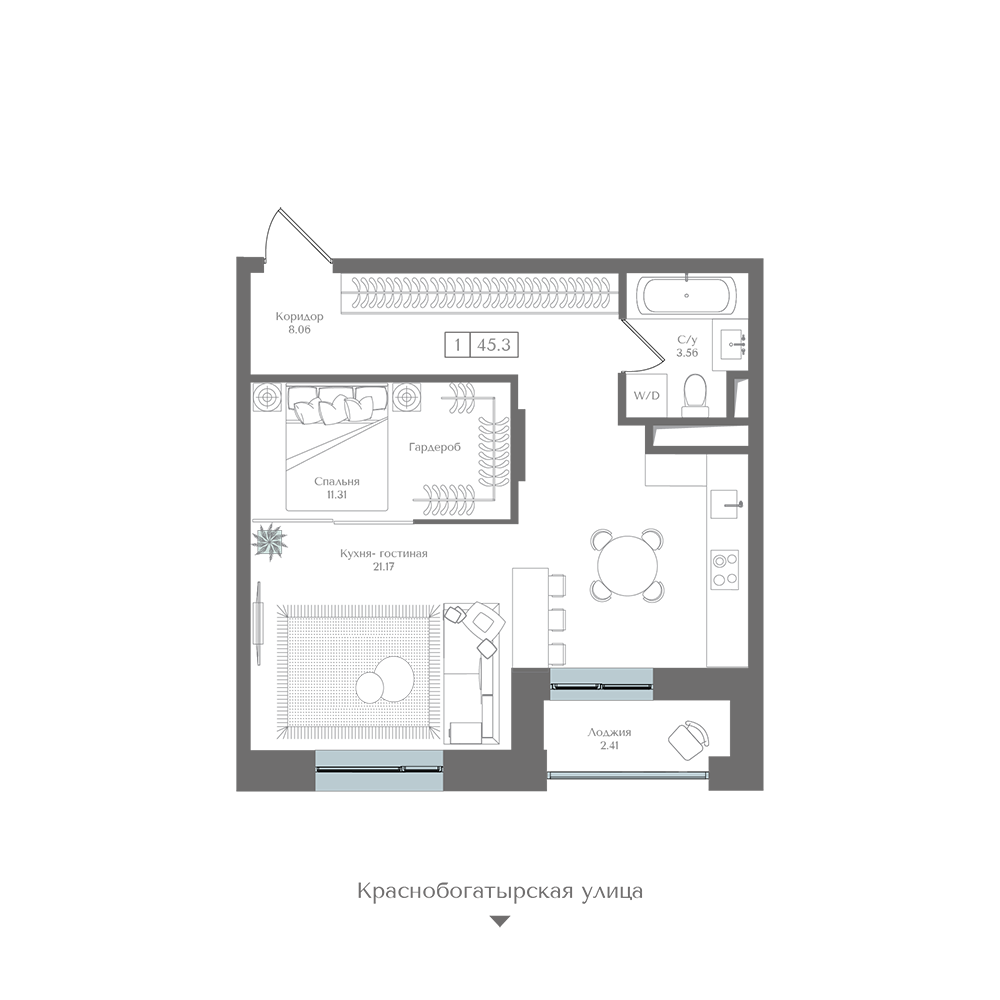 Планировка 1-комн. 45.3 м²