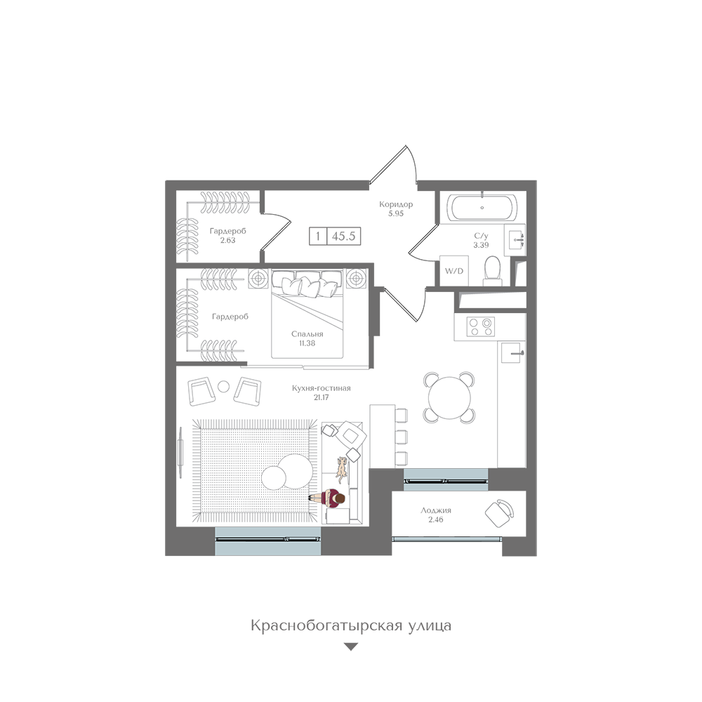 Планировка 1-комн. 45.5 м²