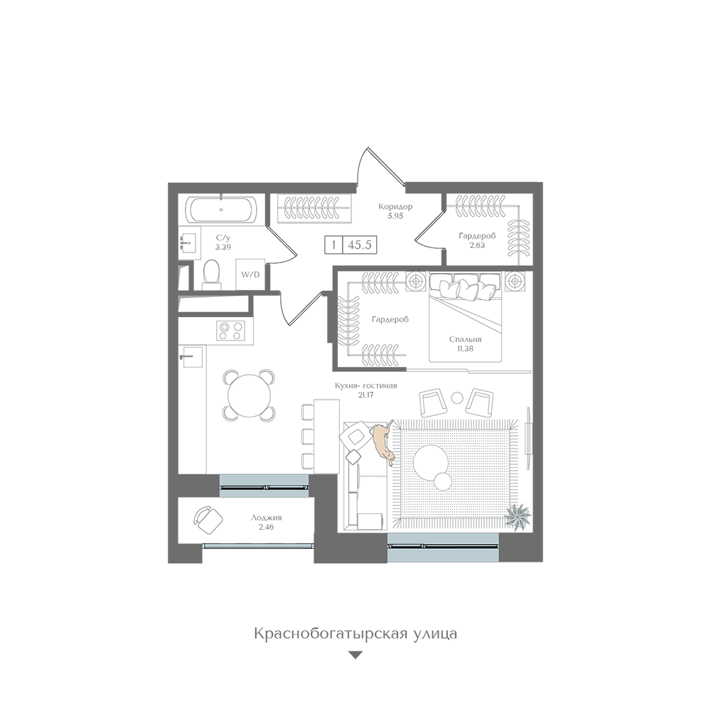 Планировка 1-комн. 45.5 м²
