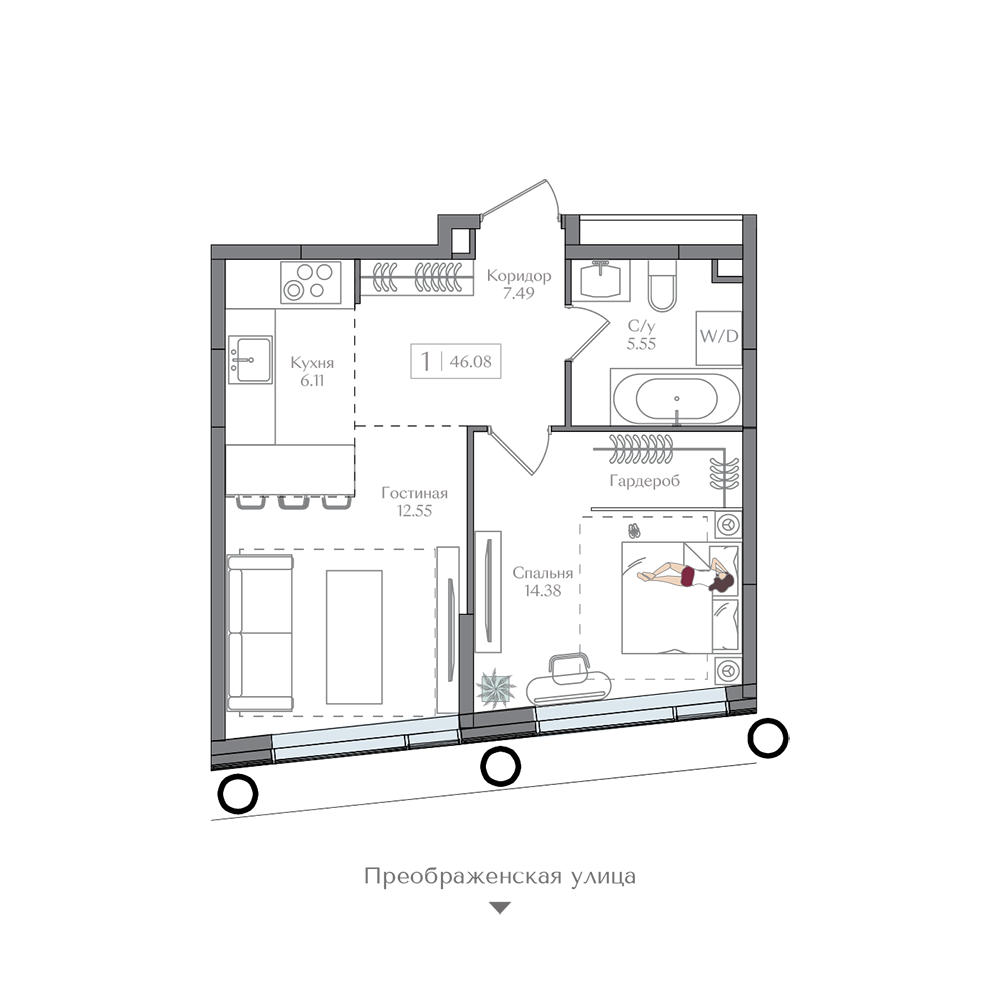 Планировка 1-комн. 46.08 м²