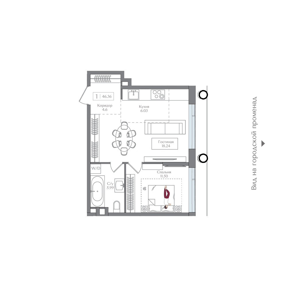 Планировка 1-комн. 46.36 м²