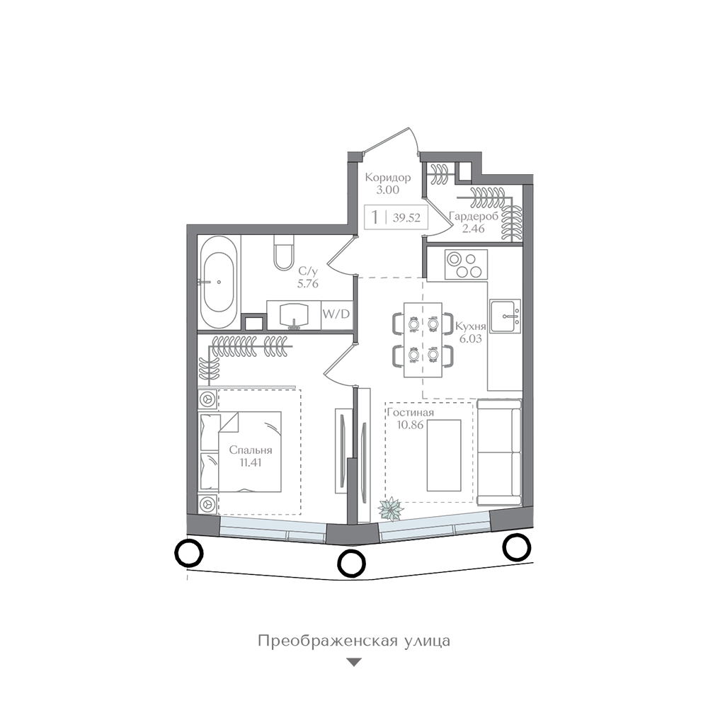 Планировка 1-комн. 39.52 м²