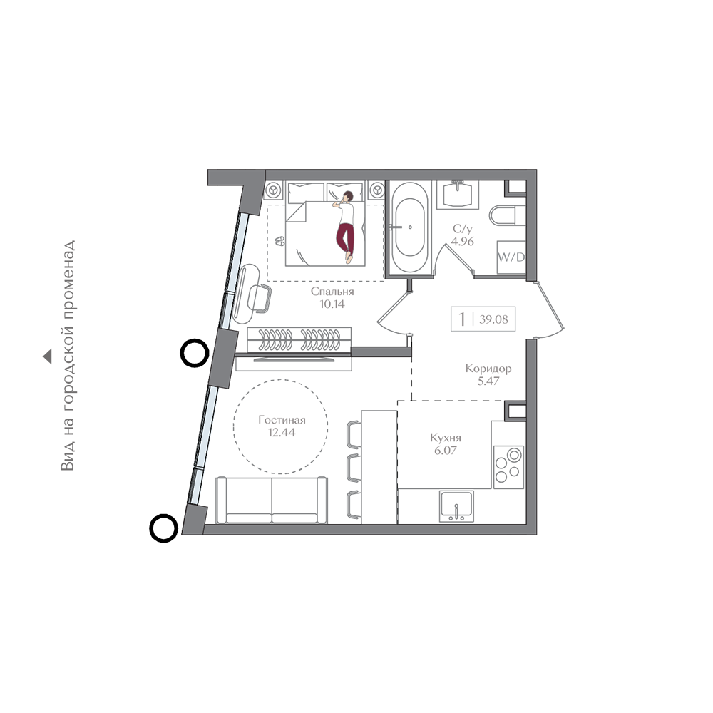 Планировка 1-комн. 39.08 м²