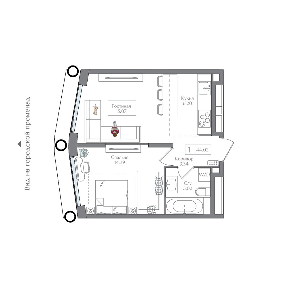 Планировка 1-комн. 44.02 м²