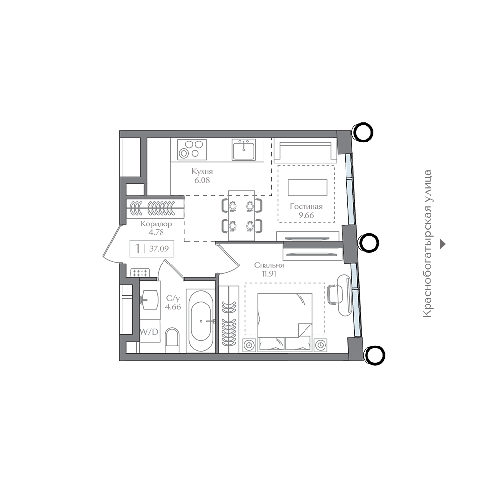 Планировка 1-комн. 37.09 м²