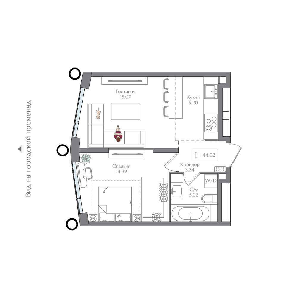 Планировка 1-комн. 44.02 м²