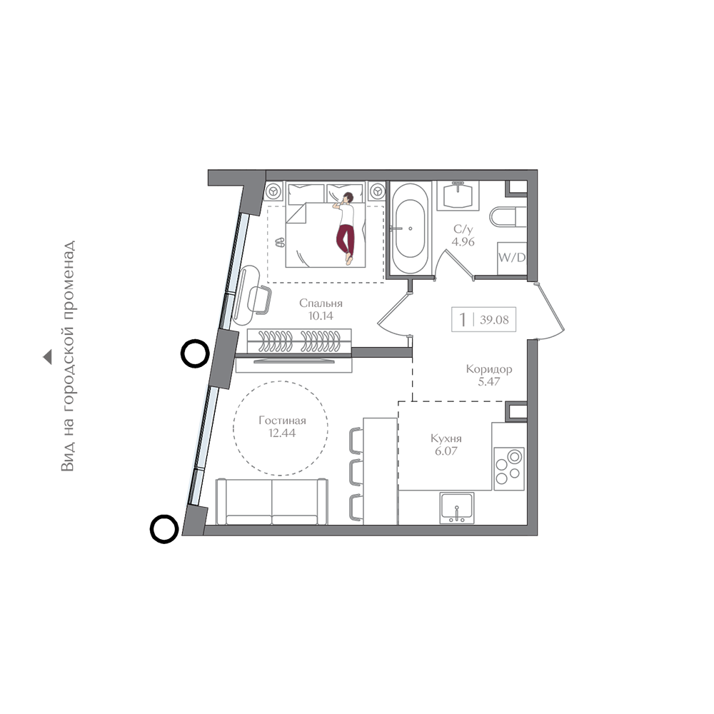 Планировка 1-комн. 39.08 м²
