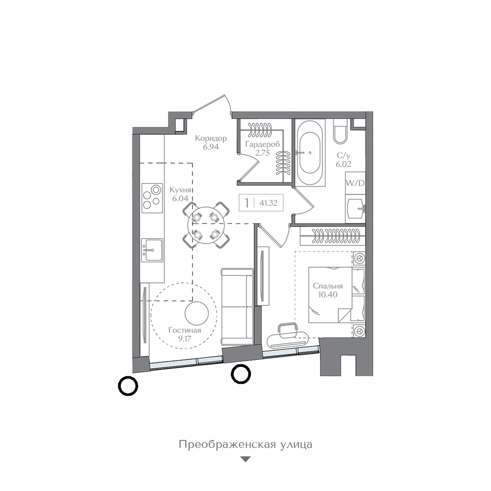 Планировка 1-комн. 41.32 м²