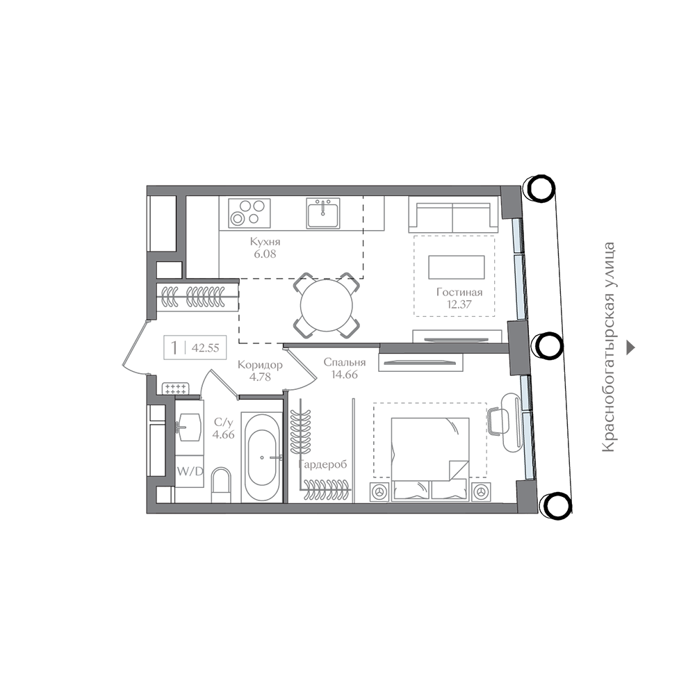 Планировка 1-комн. 42.55 м²