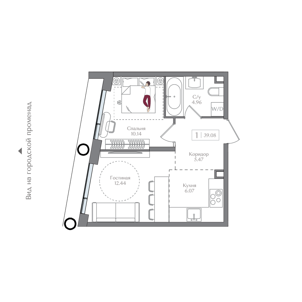 Планировка 1-комн. 39.08 м²