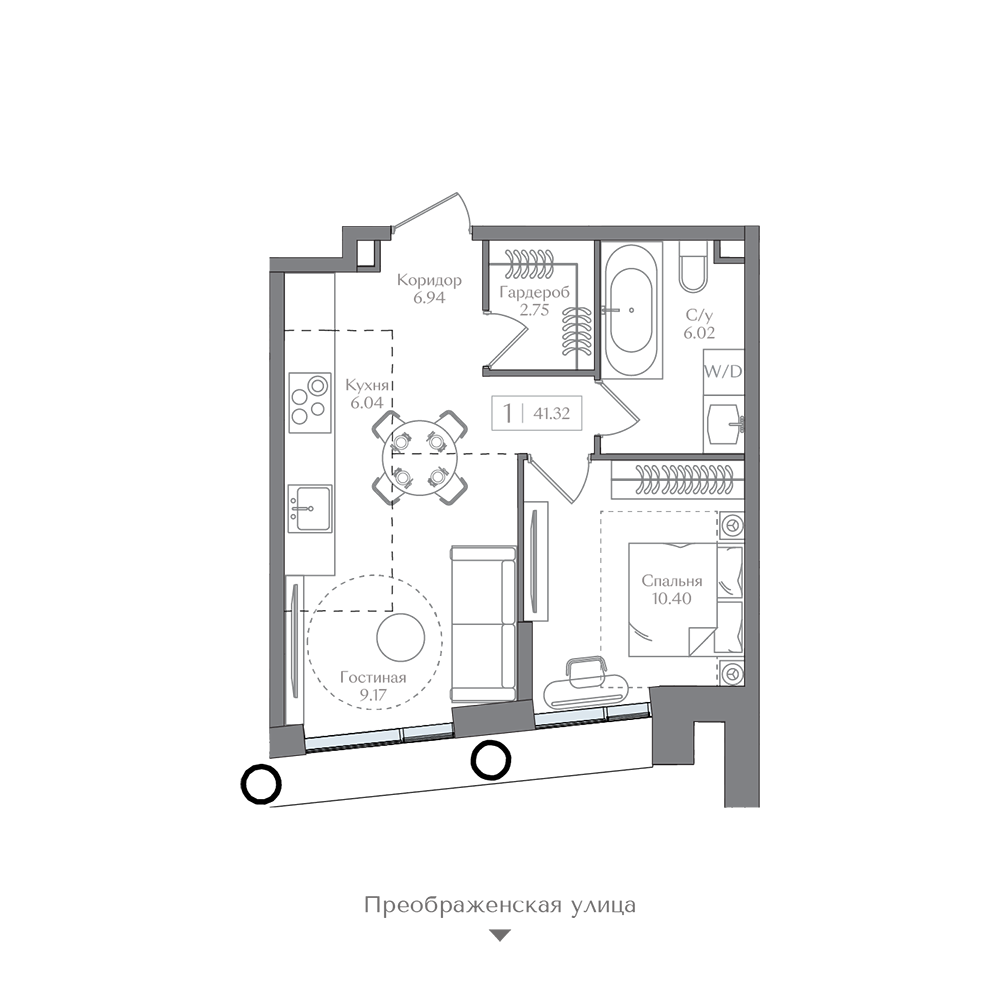 Планировка 1-комн. 41.32 м²