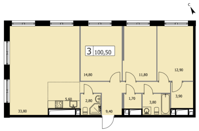 Планировка 3-комн. 100.5 м²