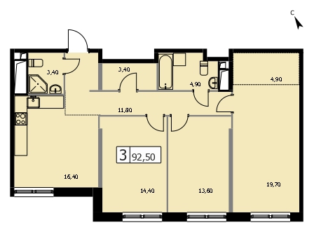 Планировка 3-комн. 92.5 м²
