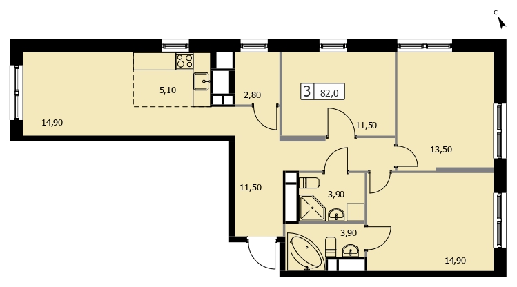 Планировка 3-комн. 82 м²