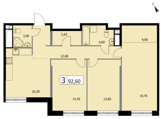 Планировка 3-комн. 92.6 м²