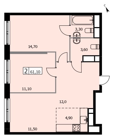 Планировка 2-комн. 61.1 м²
