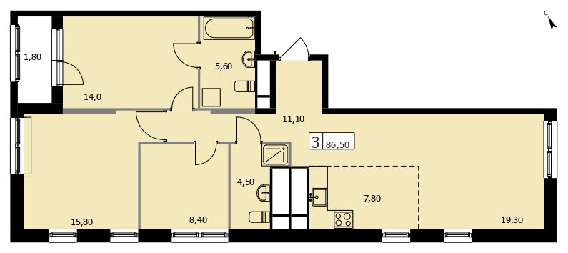 Планировка 3-комн. 86.5 м²