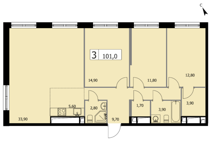 Планировка 3-комн. 101 м²