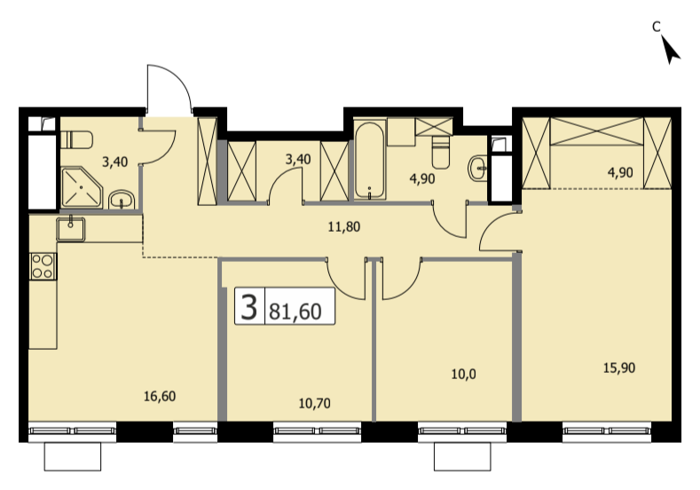 Планировка 3-комн. 81.6 м²