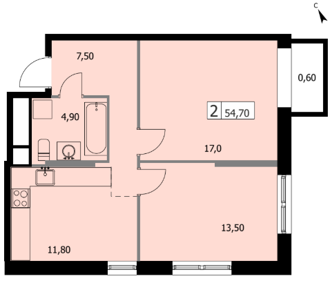 Планировка 2-комн. 54.7 м²