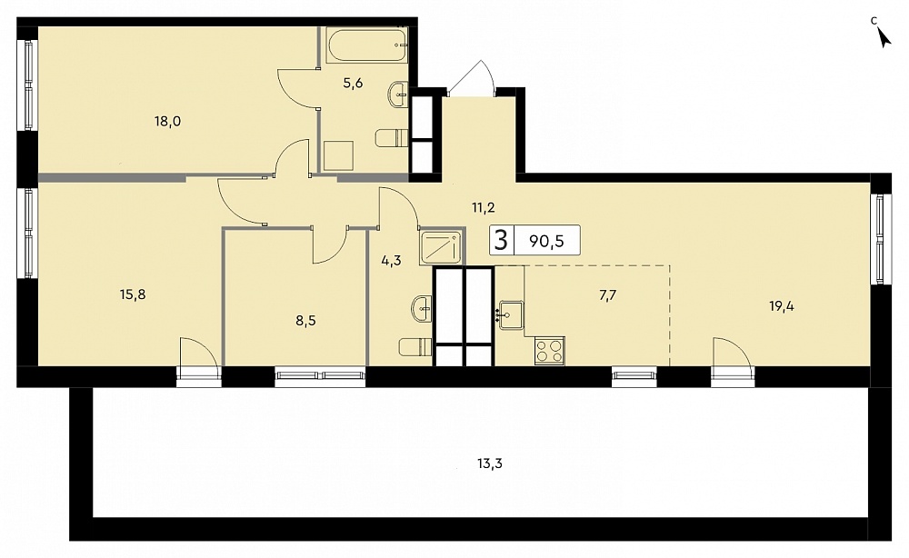 Планировка 3-комн. 90.5 м²