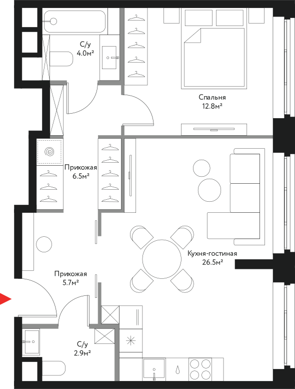 Планировка 2-комн. 58.4 м²
