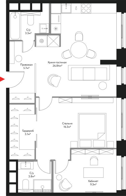 Планировка 3-комн. 70.34 м²