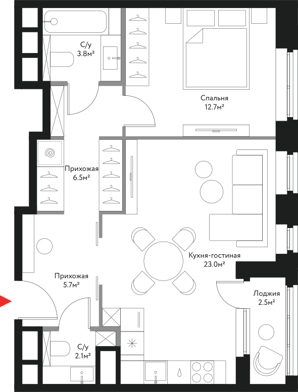 Планировка 2-комн. 54.24 м²